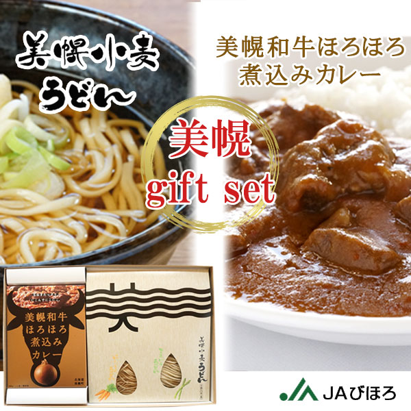 「美幌小麦うどん つゆ付4食入」と「美幌和牛ほろほろ煮込みカレー2個入」ギフトセット【JAびほろ】