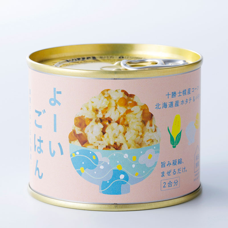 よーいごはん 簡単混ぜご飯（まぜごはん）の素（十勝産コーン、北海道産ホタテ＆バター）缶詰画像